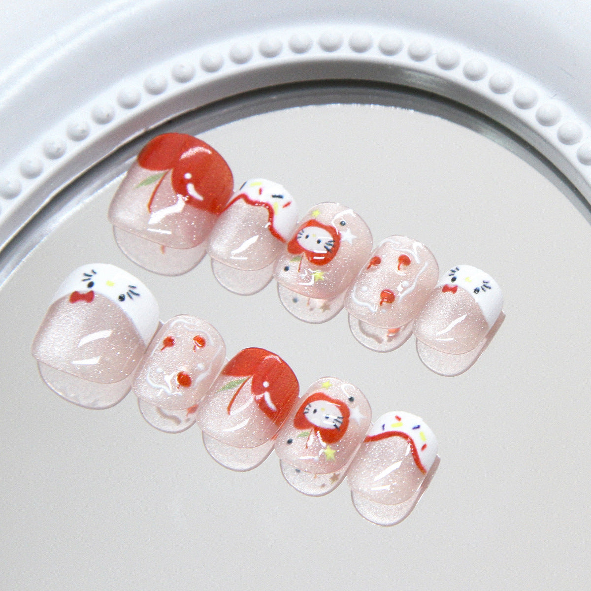Cartoon lines kitten three-dimensional fruit kids nails｜365nails
