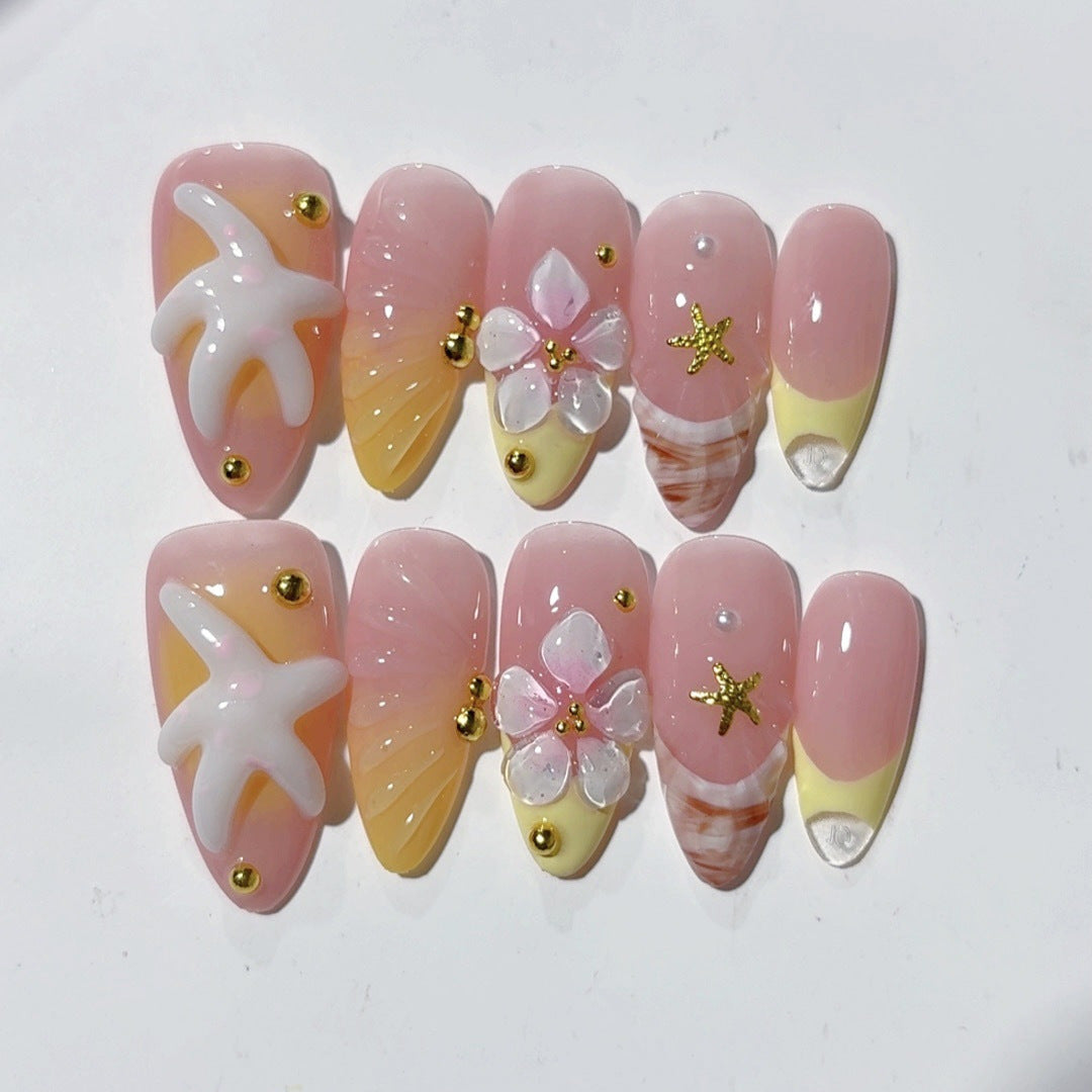 Fleur de plage : « Étoile de mer tropicale » – Ongles press-on forme amande