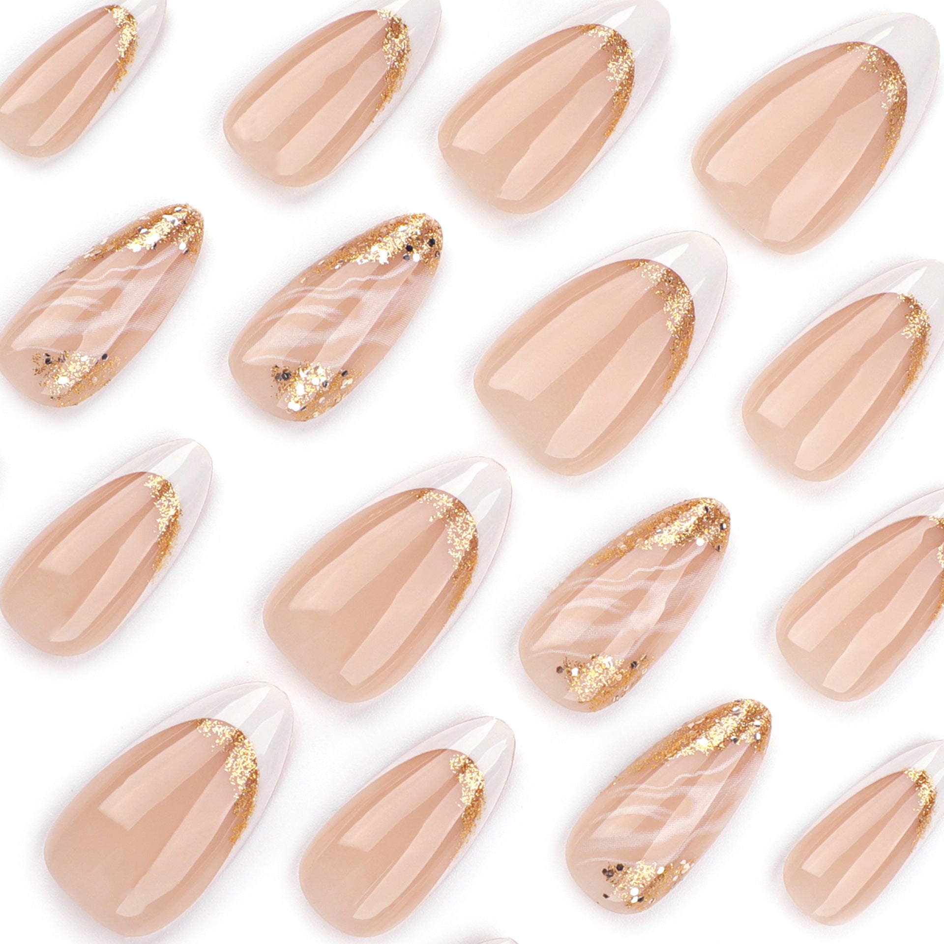 Uñas francesas clásicas blancas simples, uñas postizas con purpurina dorada, uñas con efecto difuminado y grietas, producto terminado al por mayor | 365nails