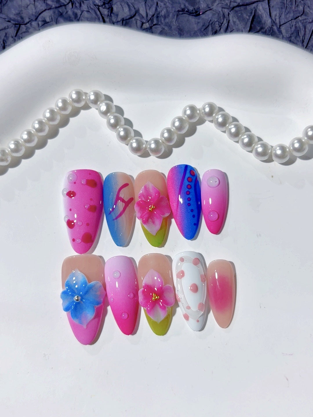 365nails-Jelly Bloom: "Degradê Floral 3D" – Unhas Postiças Longas Amendoadas Feitas à Mão