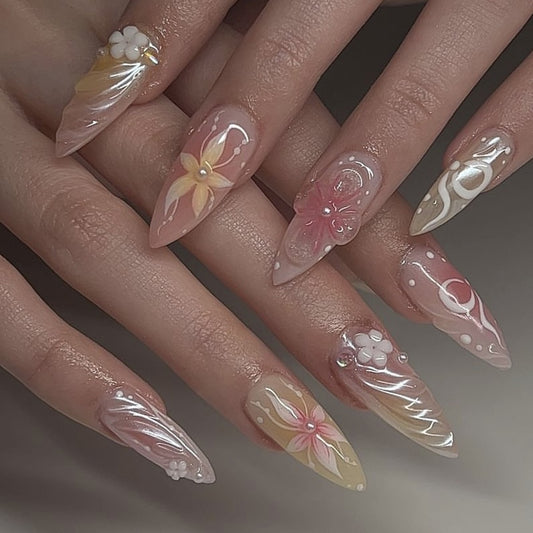 Elegant and gentle press-on nails three-dimensional pearl diamond nail patch removable nail 3D flower fake nail wholesale｜365nails