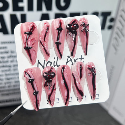 Handmade press on nails Halloween in Europe, America, Niche Knife Cutting Broken Atmosphere Sense Personality Creative Nail Art｜365nails