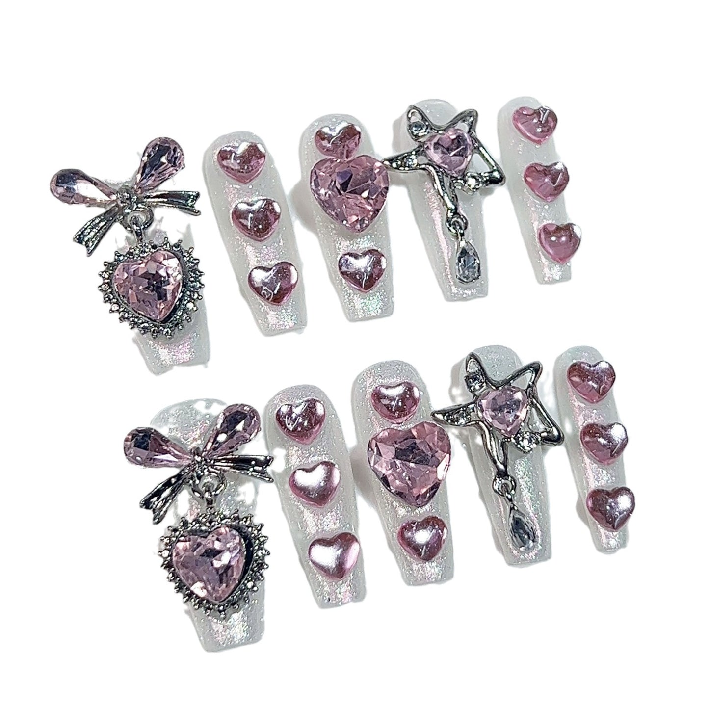 Unhas postiças longas com remendo de coração em forma de coração, fofas e doces para meninas, feitas à mão｜365nails