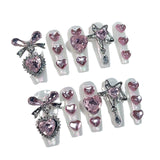 Uñas postizas hechas a mano con forma de corazón, diseño de chica dulce y dulce, con parche de viento y uñas largas | 365nails