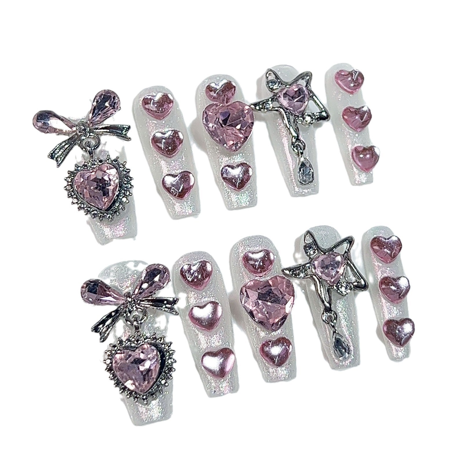 Uñas postizas hechas a mano con forma de corazón, diseño de chica dulce y dulce, con parche de viento y uñas largas | 365nails