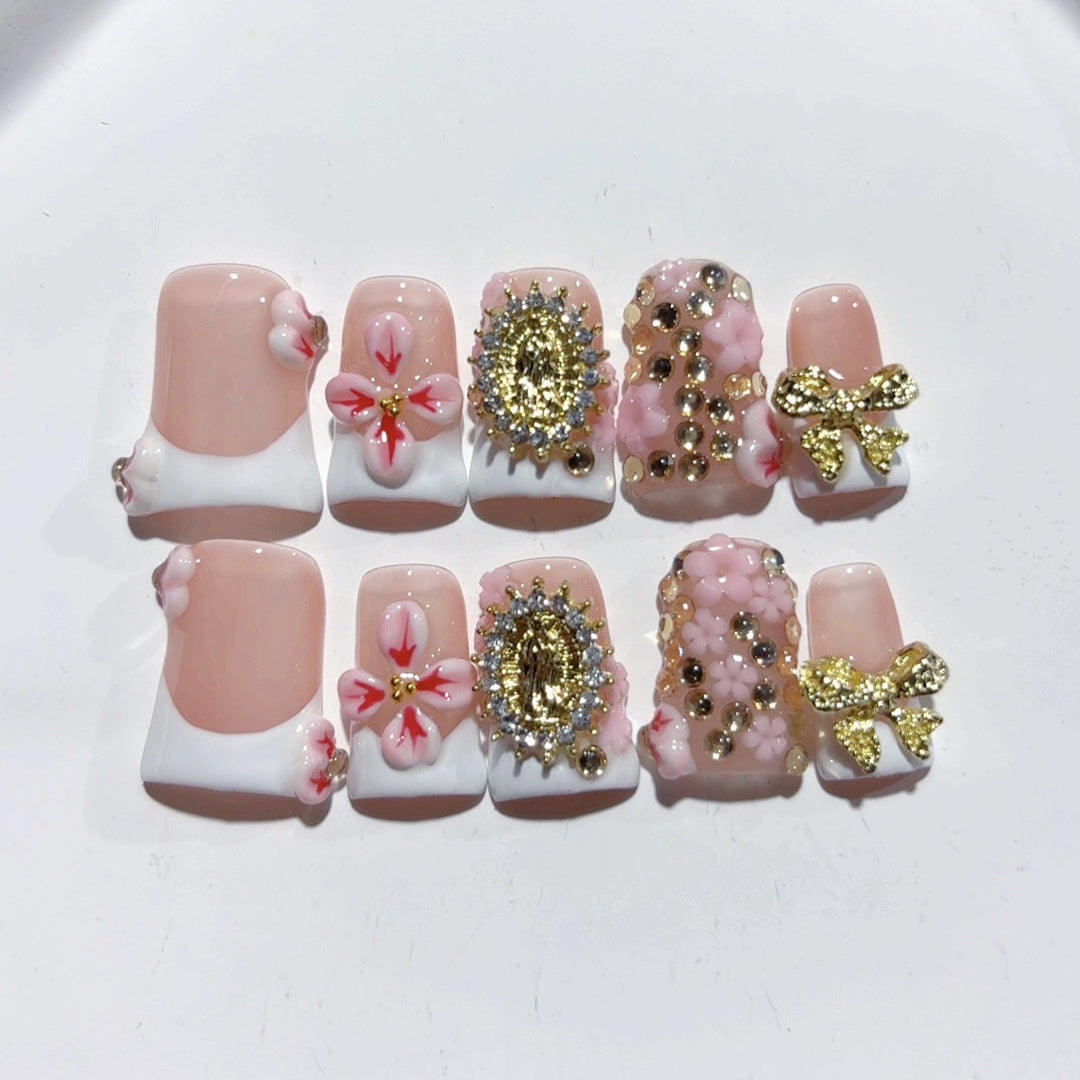 Vintage Luxury: "Blossom Regal" – Short Square Nude & Pink Floral Handmade Press-On