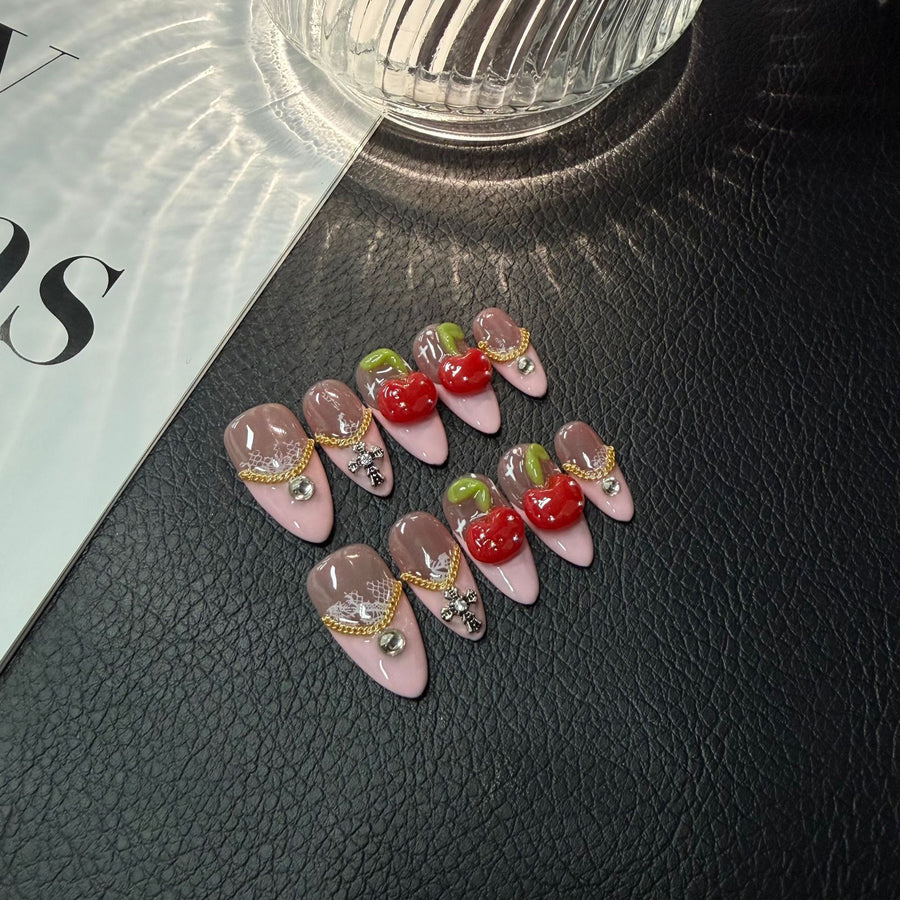 365nails: "Cherry Opulence" – 3D Handmade Almond Nails