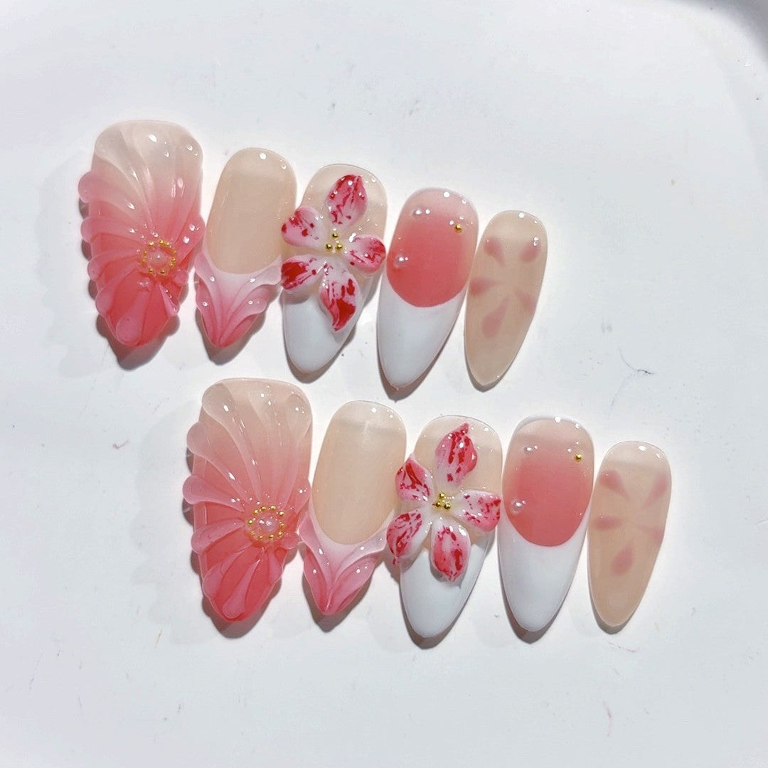 365nails: 코랄 사쿠라 그라데이션 – 미디엄 아몬드형 핑크 꽃무늬 수제 프레스온 네일