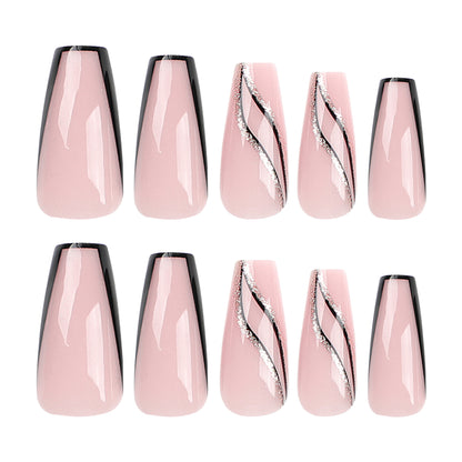 Factory hot-selling simple French black edge press-on nails gold glitter line ins manicure piece short T fake nail piece｜365nails