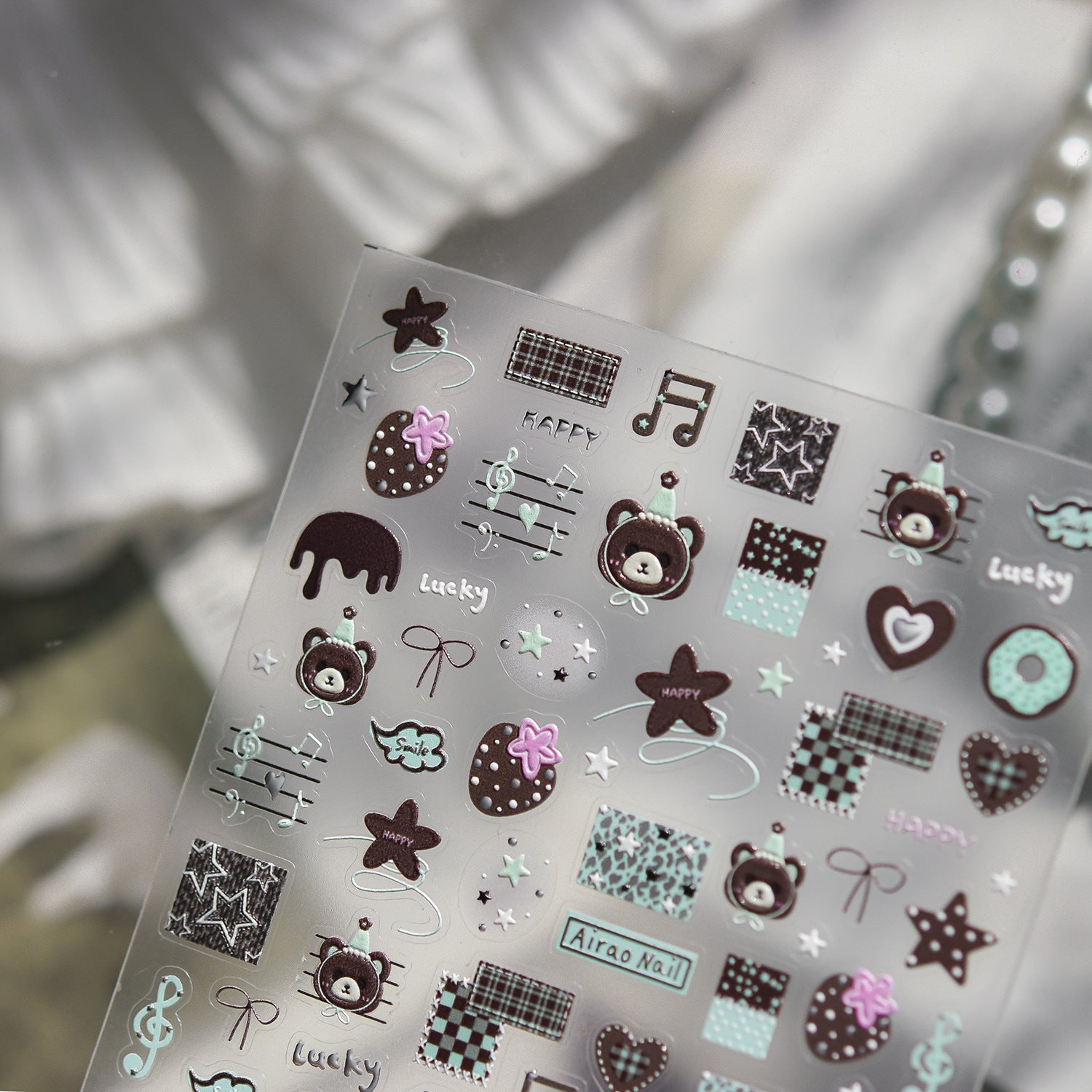 Cute Brown Bear Collection: "Checkered Bear" – 3D Embossed Nail Sticker