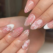 365nails: "3D Pink Floral Mermaid Almond" – Pearl & Rhinestone Press-on Nails