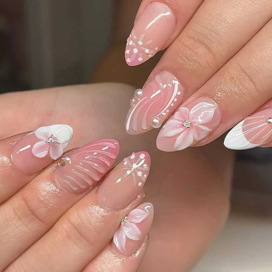 365nails: "3D Pink Floral Mermaid Almond" – Pearl & Rhinestone Press-on Nails