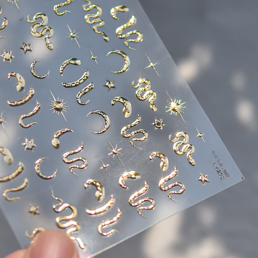 Holographic Pink Snake & Star Nail Stickers – 5D Embossed Edgy Celestial Set