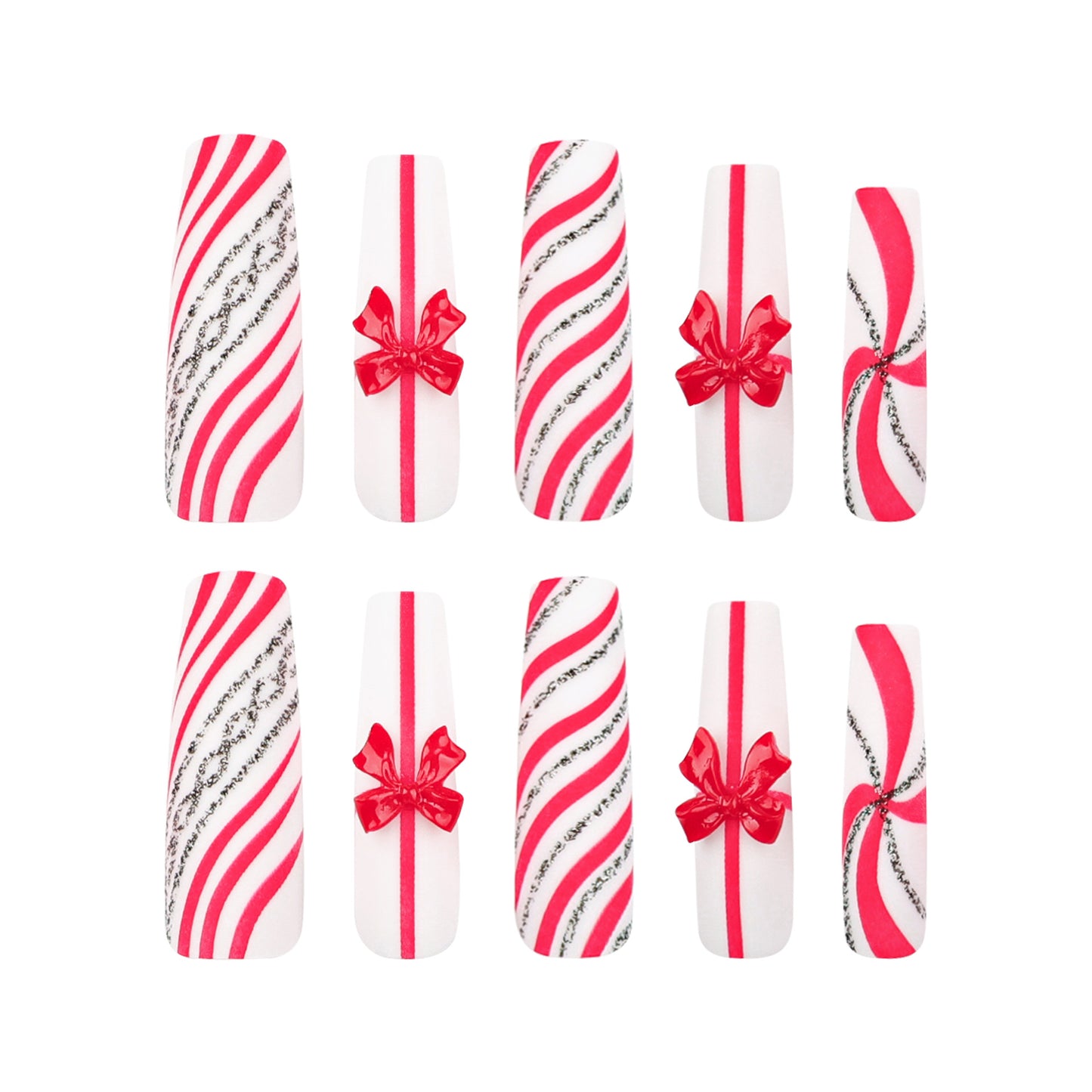 Extra long red bow Press on nails   Christmas  candy striped glitter fake nail nail piece｜365nails