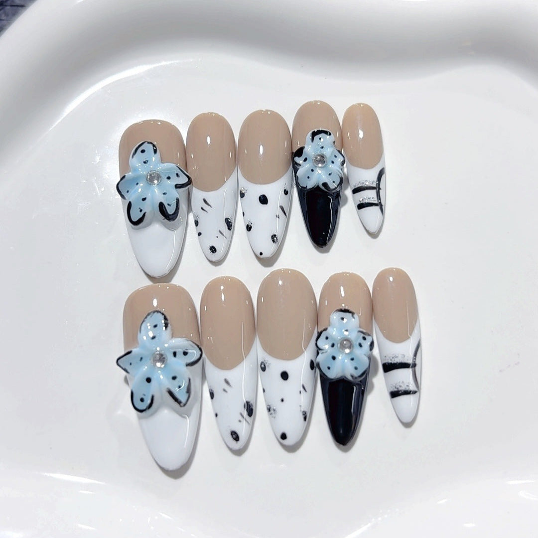 365nails-Edgy Bloom: "Devil's Blue Flower" – Medium Almond Handmade Nails