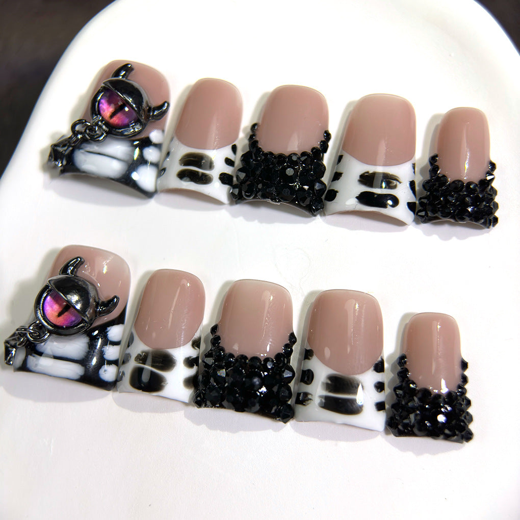 Black White Gothic Eye Crystal Press On Nails