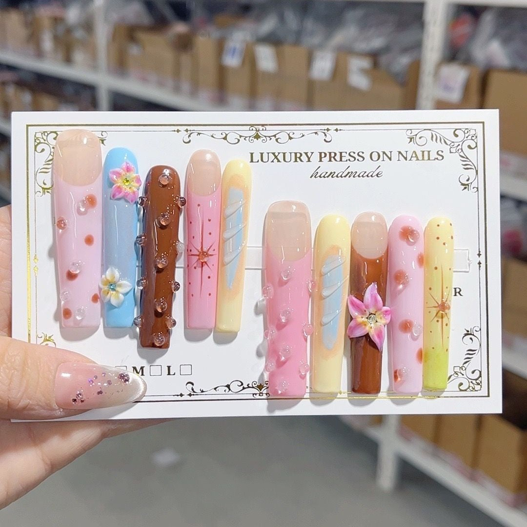Sweet Amber Floral Gradient Crystal Art Press On Nail Set