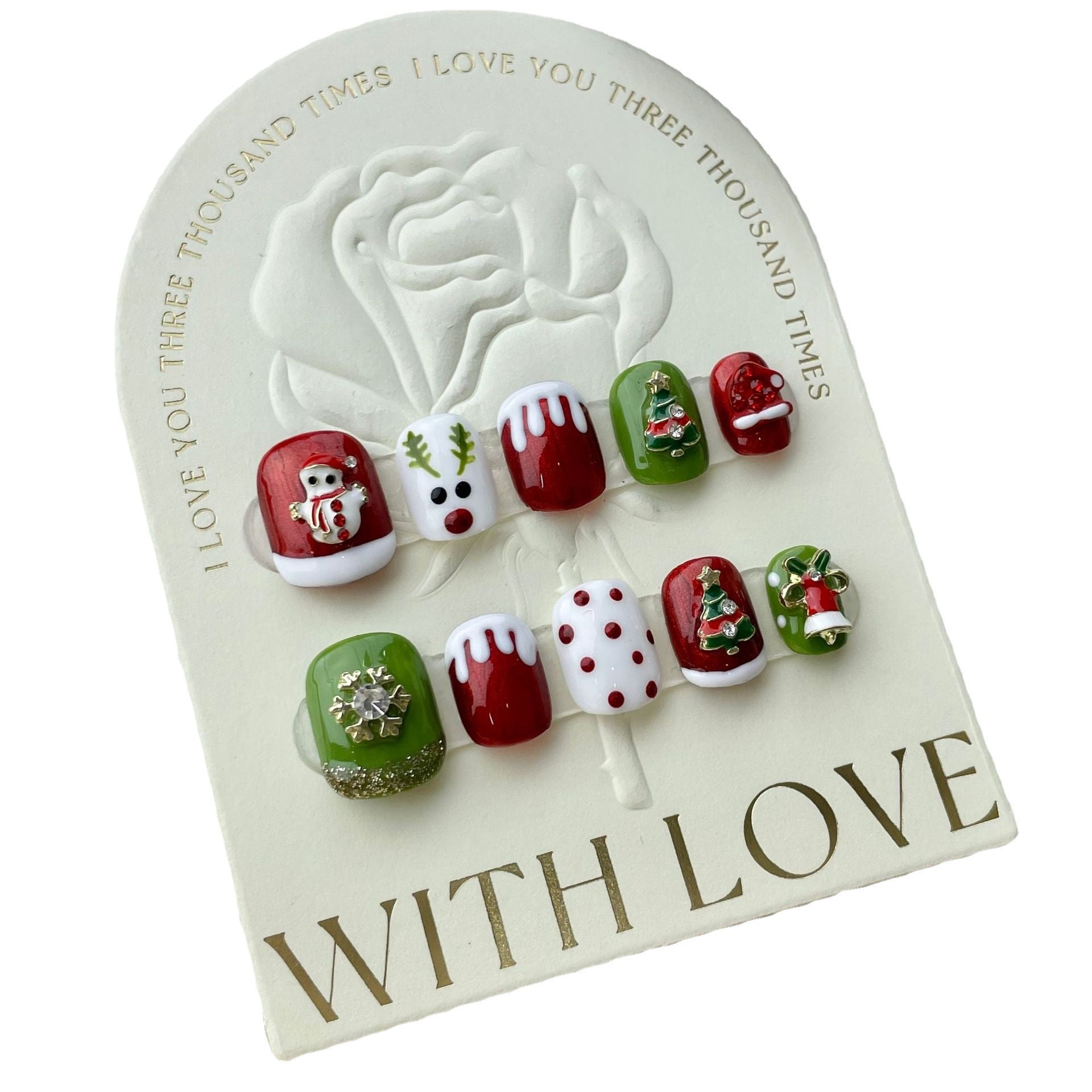 Green and Red Christmas Press‑On Nails – Reindeer & Tree Design