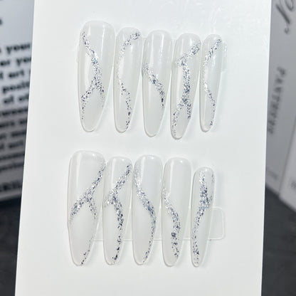 Handmade press-on nails broken flash white moonlight simple temperament elegant nail patch ice through fake nails｜365nails