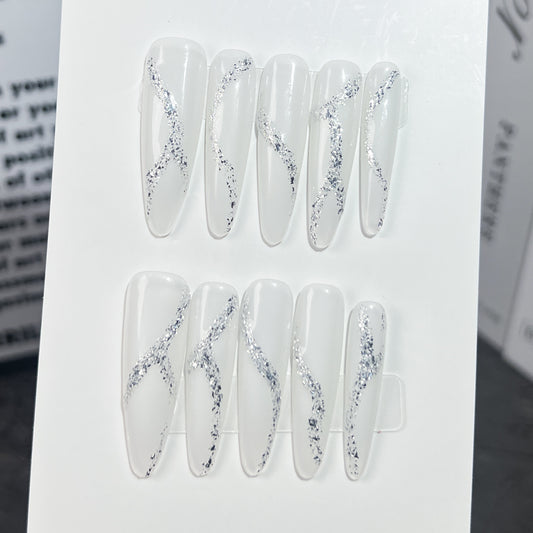 Handmade press-on nails broken flash white moonlight simple temperament elegant nail patch ice through fake nails｜365nails
