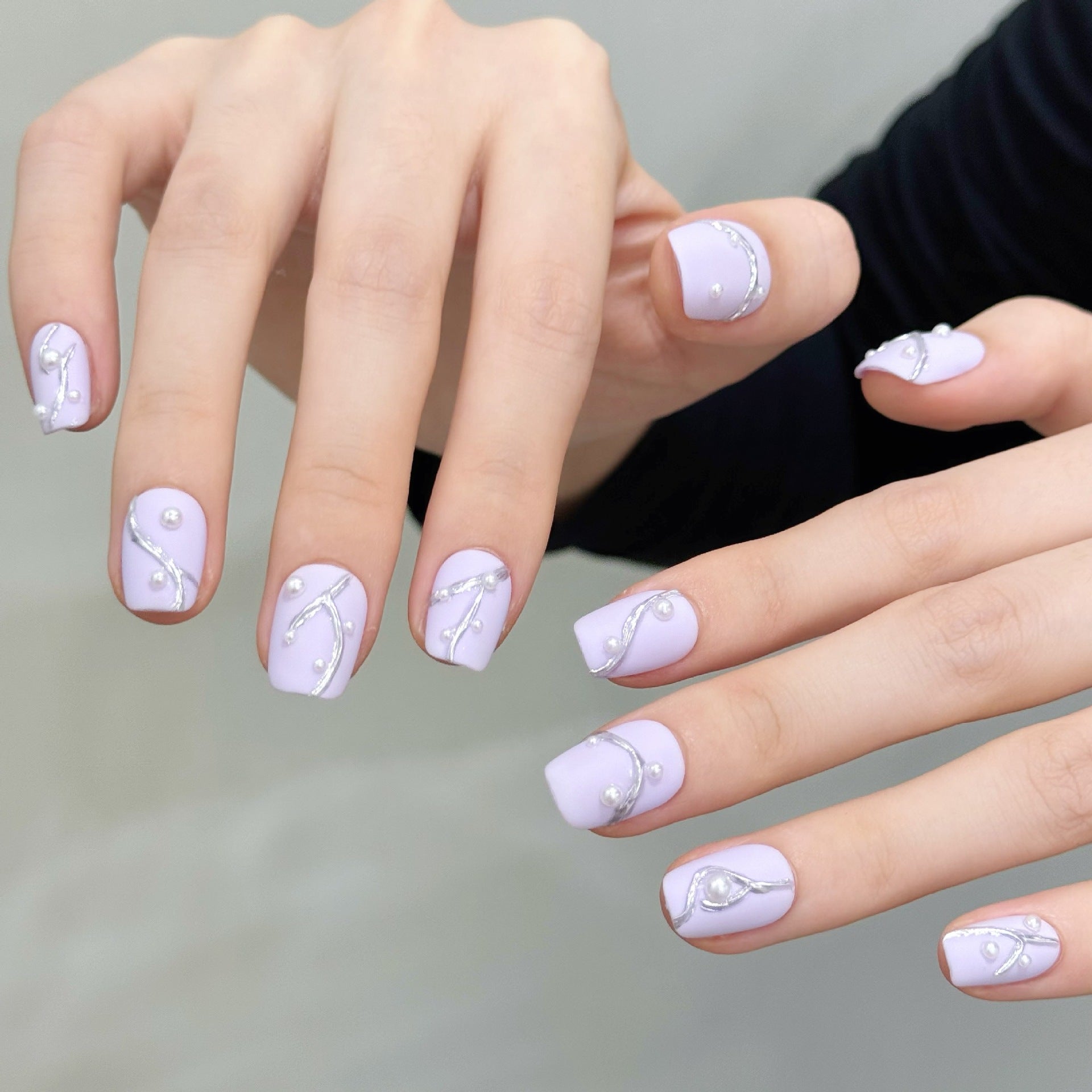 365nails: "Lilac Mist" – 3D Pearl Vine Handmade Short Coffin Nails