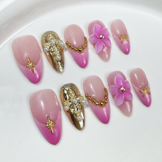 Imprensa feita à mão em unhas gravura tridimensional gelo-transparente explosão francesa amêndoa unha remendo fábrica atacado ｜ 365 unhas