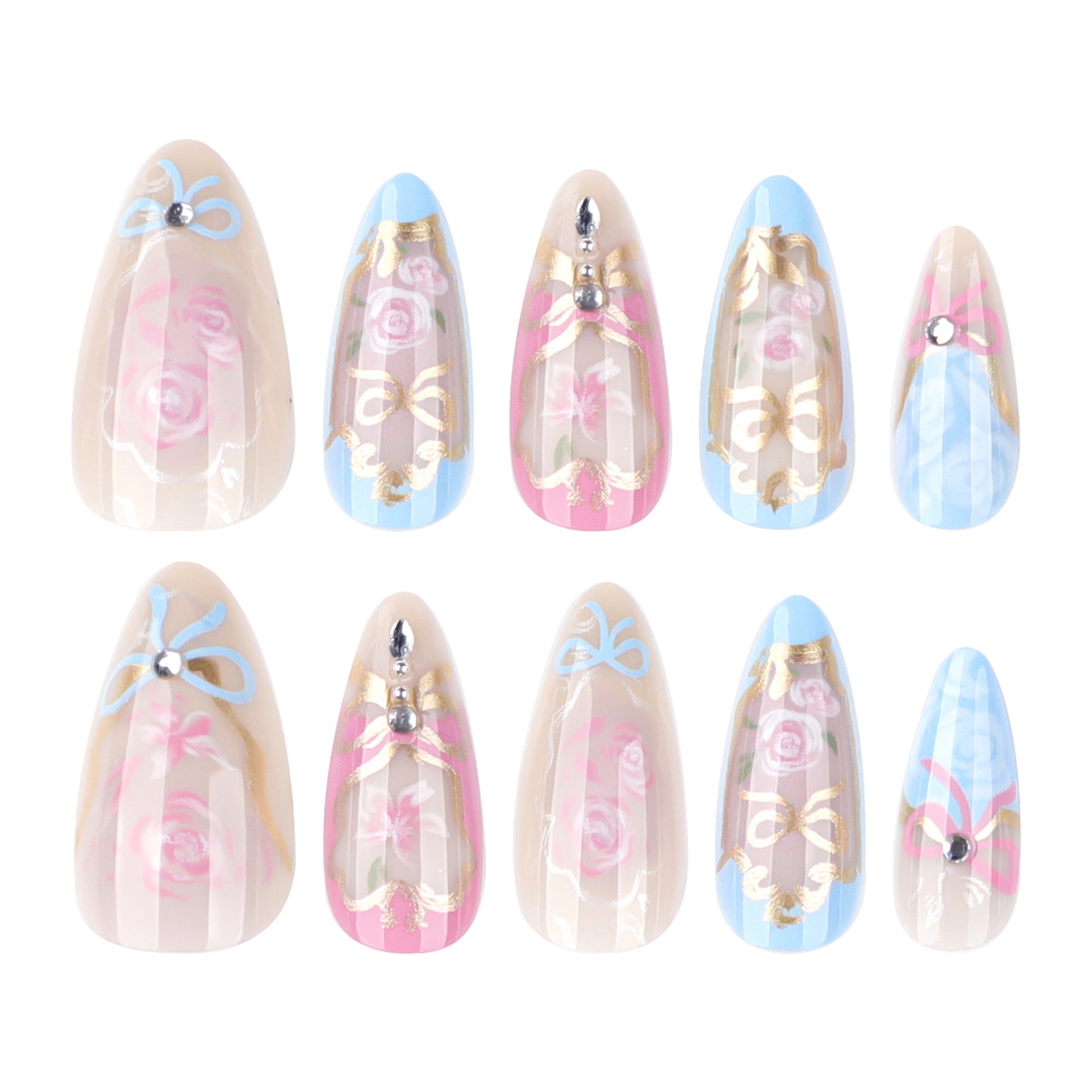 Unhas postiças estilo Monet, mais vendidas, com estampa de flor de amor, usando manicure de unhas postiças curtas tipo amêndoa｜365nails