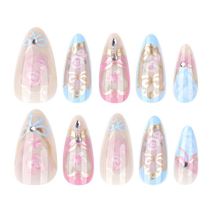 Unhas postiças estilo Monet, mais vendidas, com estampa de flor de amor, usando manicure de unhas postiças curtas tipo amêndoa｜365nails