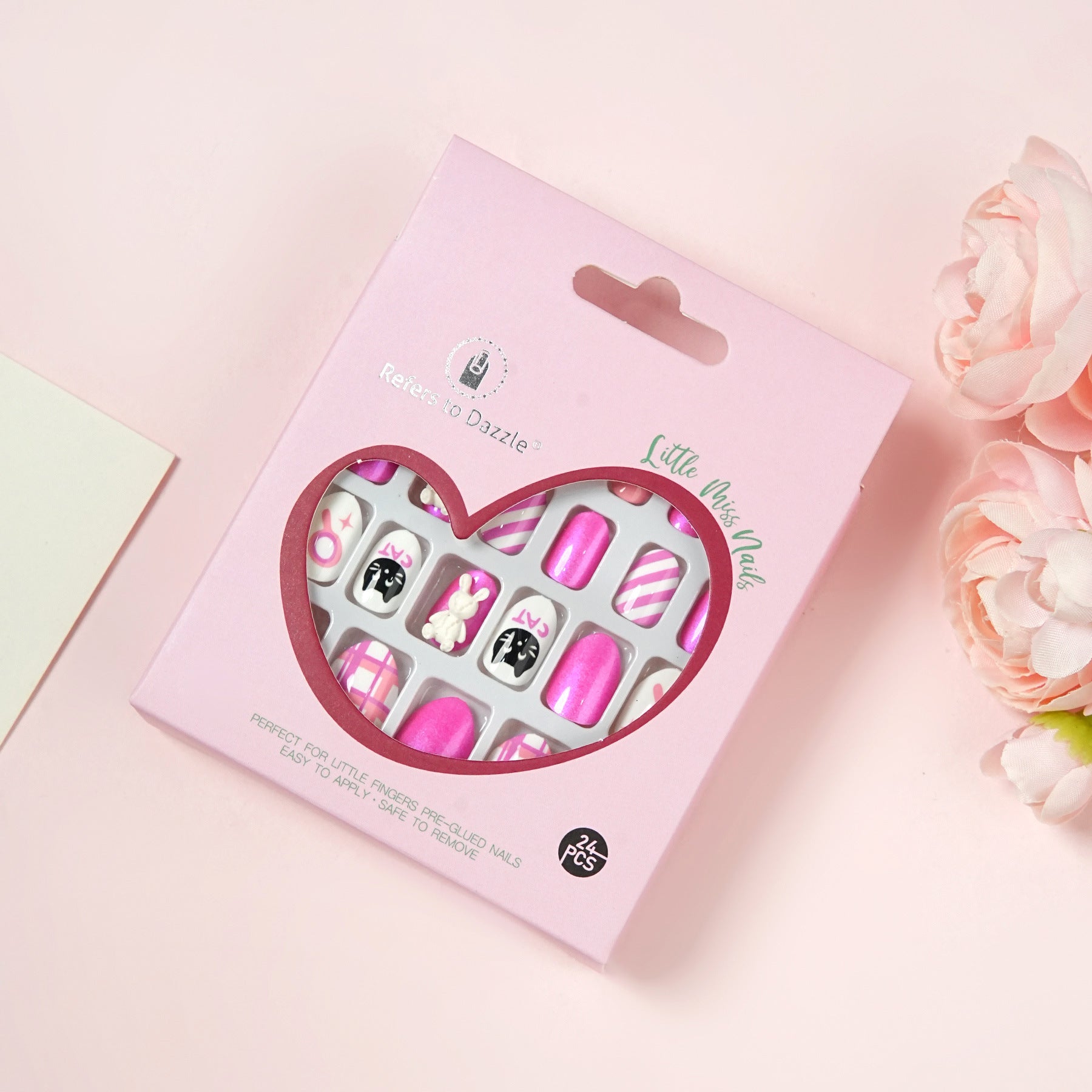 Kids press-on nails Pointed head round head almond cartoon with drill 24 pieces with jelly glue