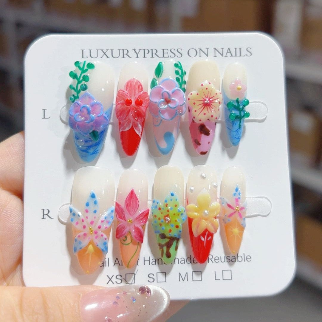 Rainbow Garden: "Mixed Floral" – Almond Press-On Nails