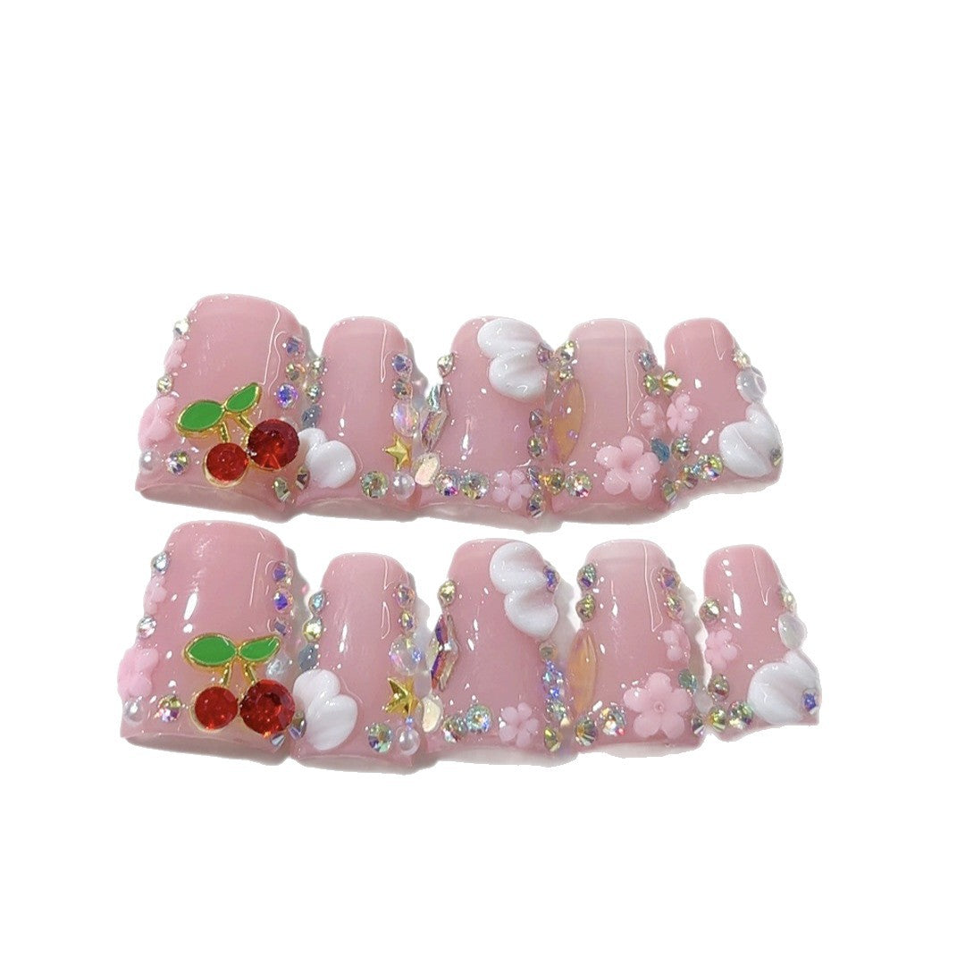 Cherry Sweet: "Sparkle Cherry Cloud" – Square Press-On Nails