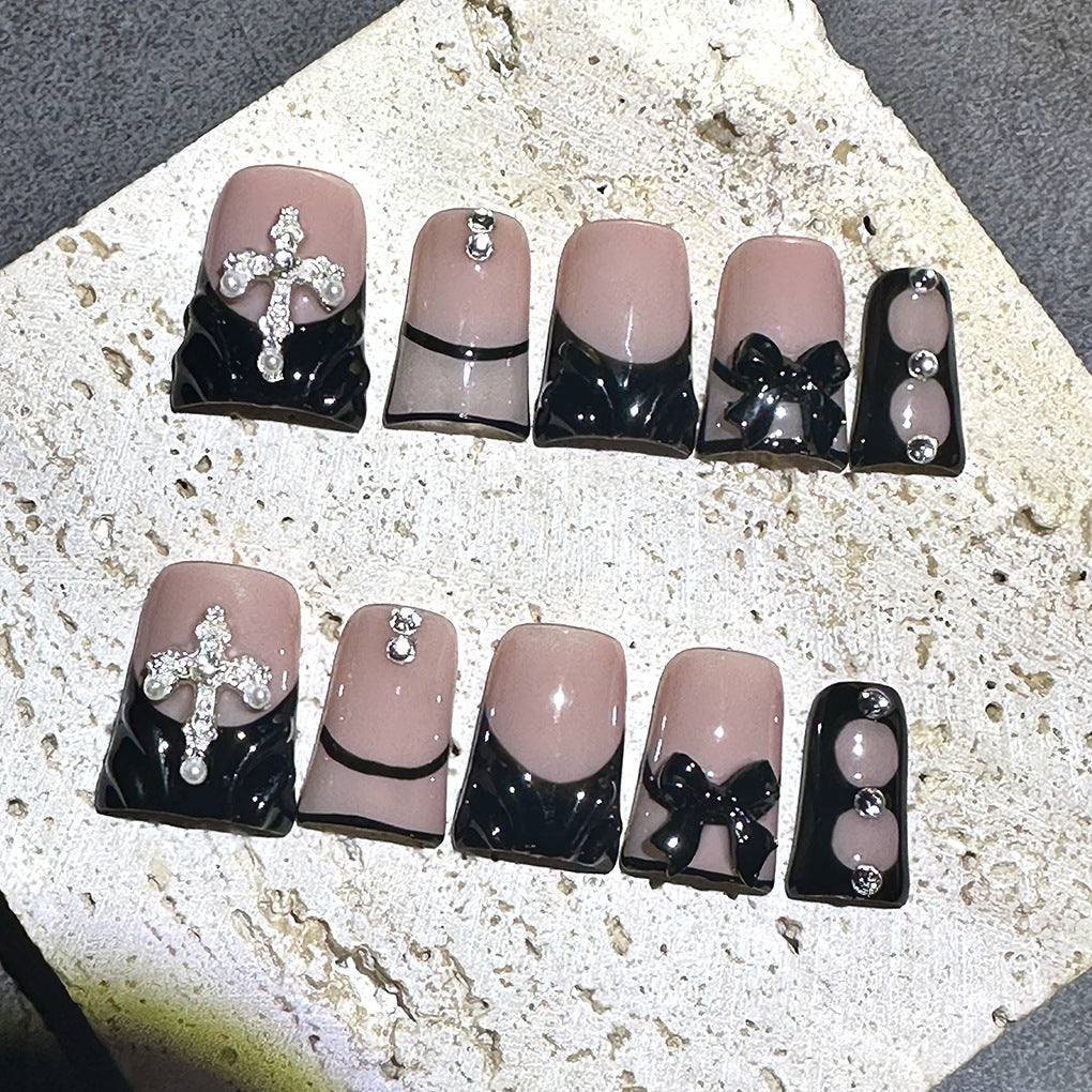 Nude Black French Nails with Cross and Bow Details