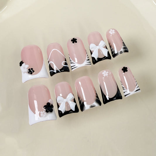 Duck bill nail black and white contrasting color ice-through French bow Handmade press on nails wearable fake nail｜365nails