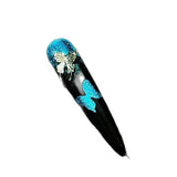 The Art Edit | Blue-Black Butterfly Stiletto Press-On Nails | Crushed Crystal Glitter + Silver Bow Charms