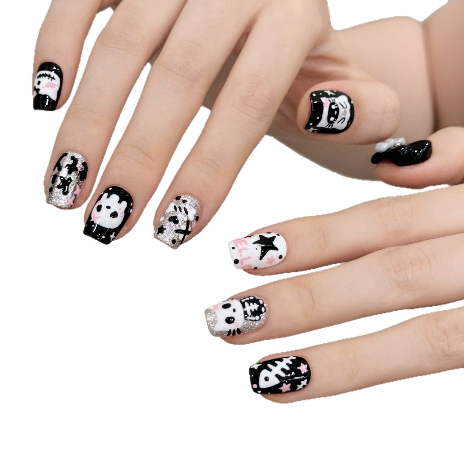 Cute Black White Cartoon Halloween Skeleton Press On Nails