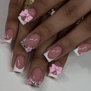 French Square Press On Nails with 3D Pink Bows & Rhinestone Accents