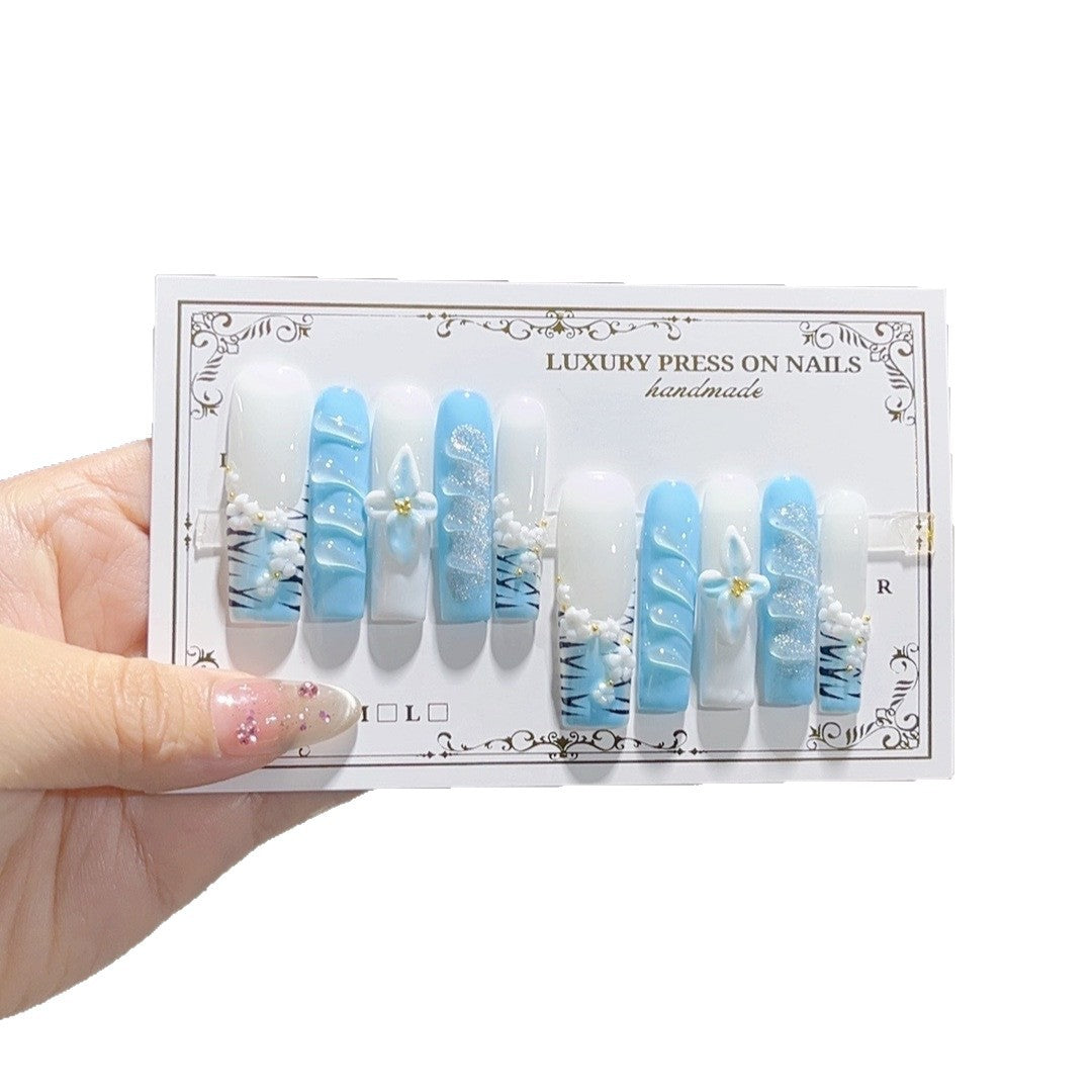 Blue Blossom Pearl Elegant Extra Long Press On Nails