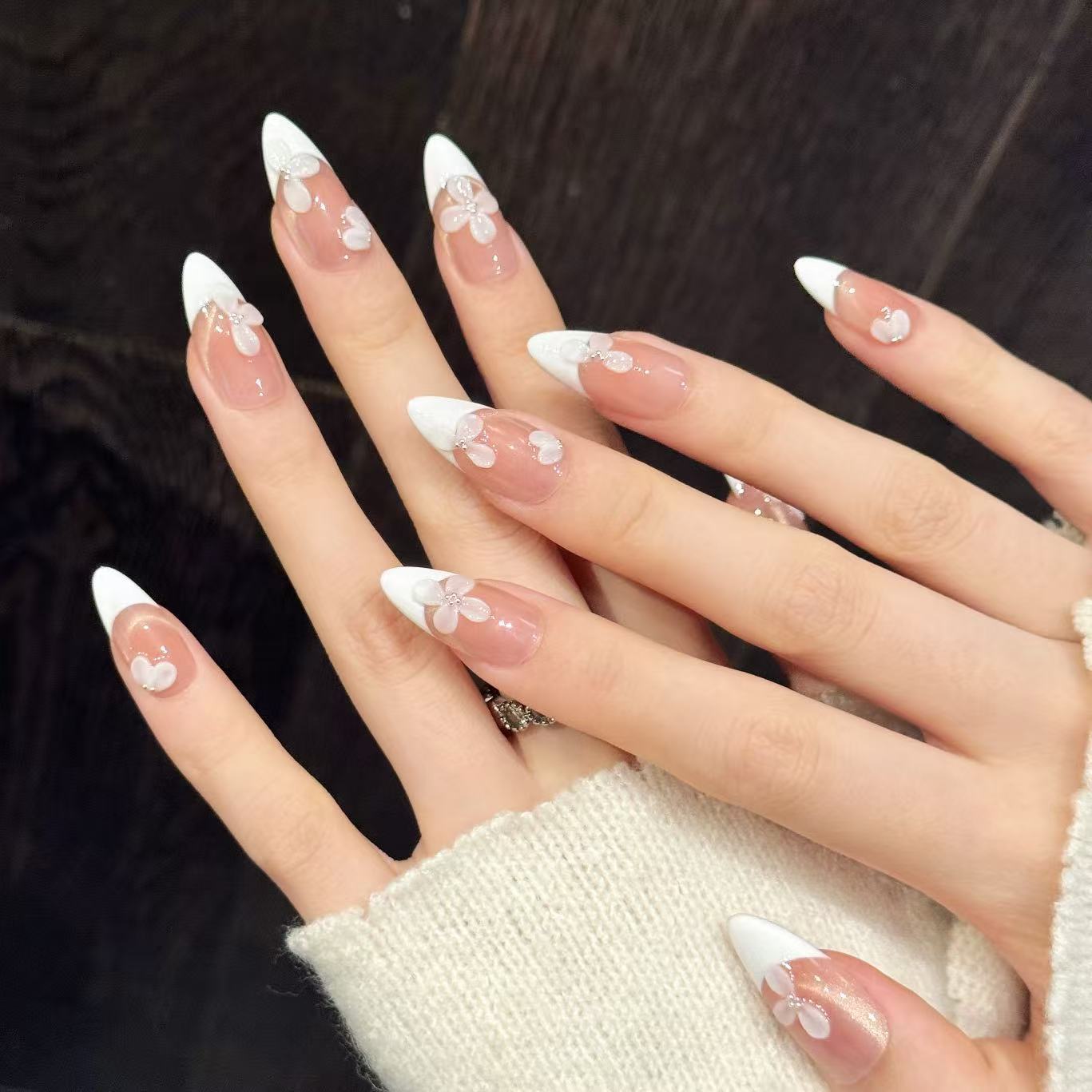 Soft Floral White Tip Press On Nail Set
