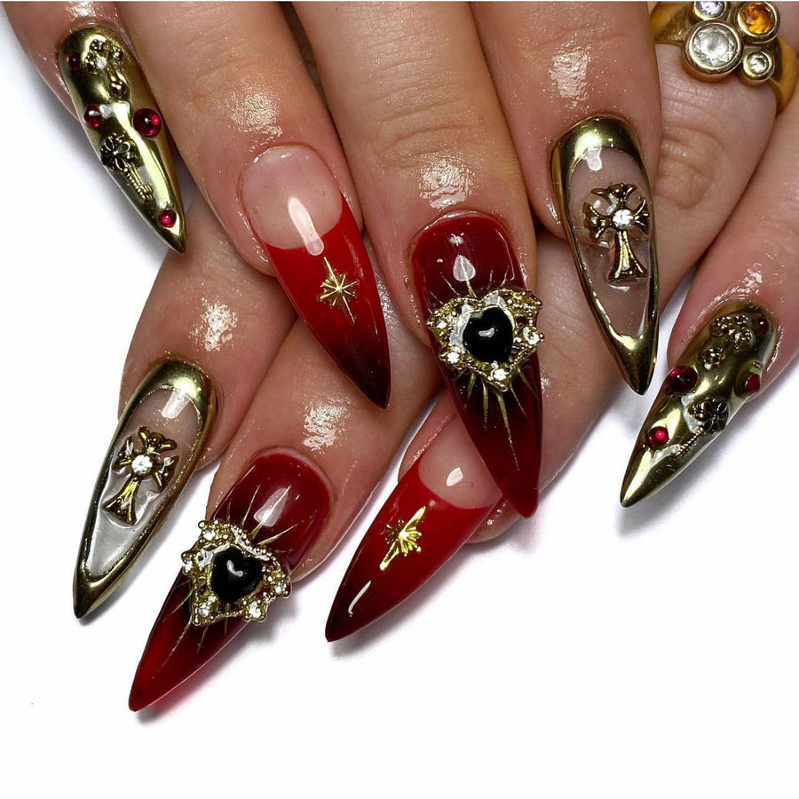 Ongles portables automne et hiver Europe et États-Unis, manucure Croxin croix, faux ongles French rouge dégradé flash en gros｜365nails