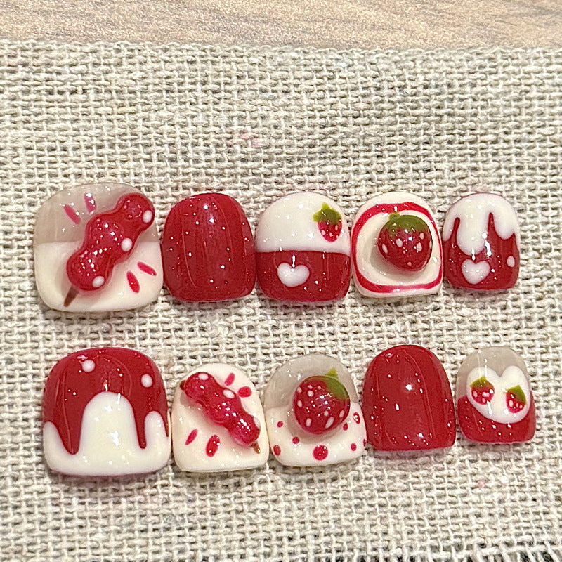 365nails: "sweet strawberry tanghulu" – short squoval handmade kids press-on nails