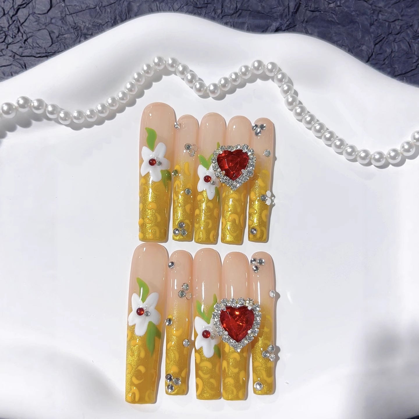 金色愛心花卉 優雅 超長款 穿戴甲