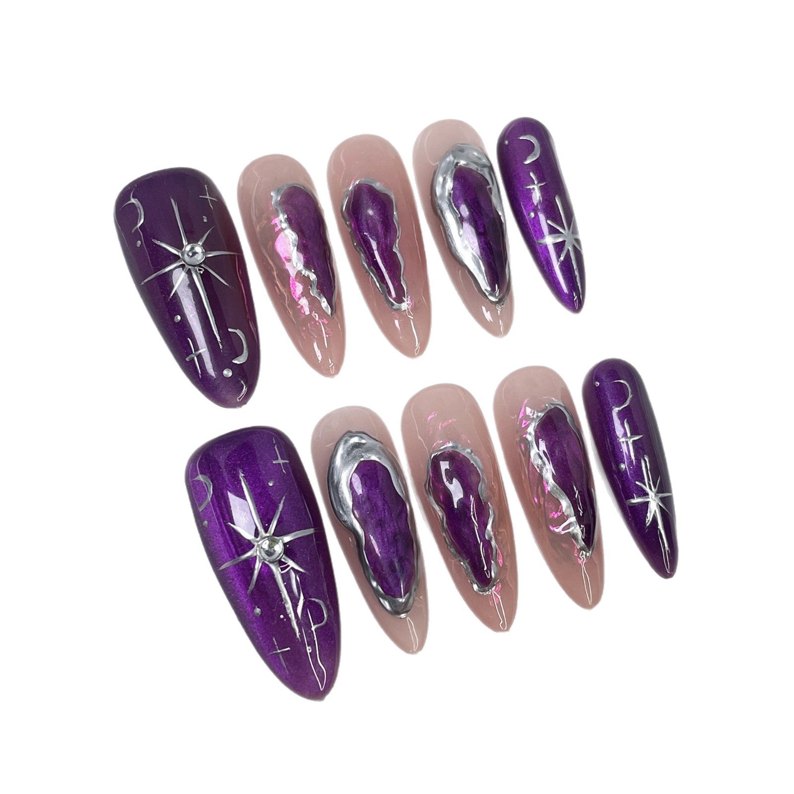 Mystic Purple Chrome Liquid Metal Celestial Long Press-On Nails