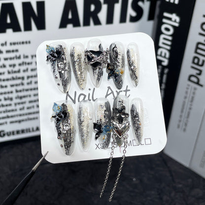 Uñas postizas hechas a mano, diseño de Sweet Cool Spice Girl, parches medianos y largos con diseño de mariposa irregularmente manchado | 365nails
