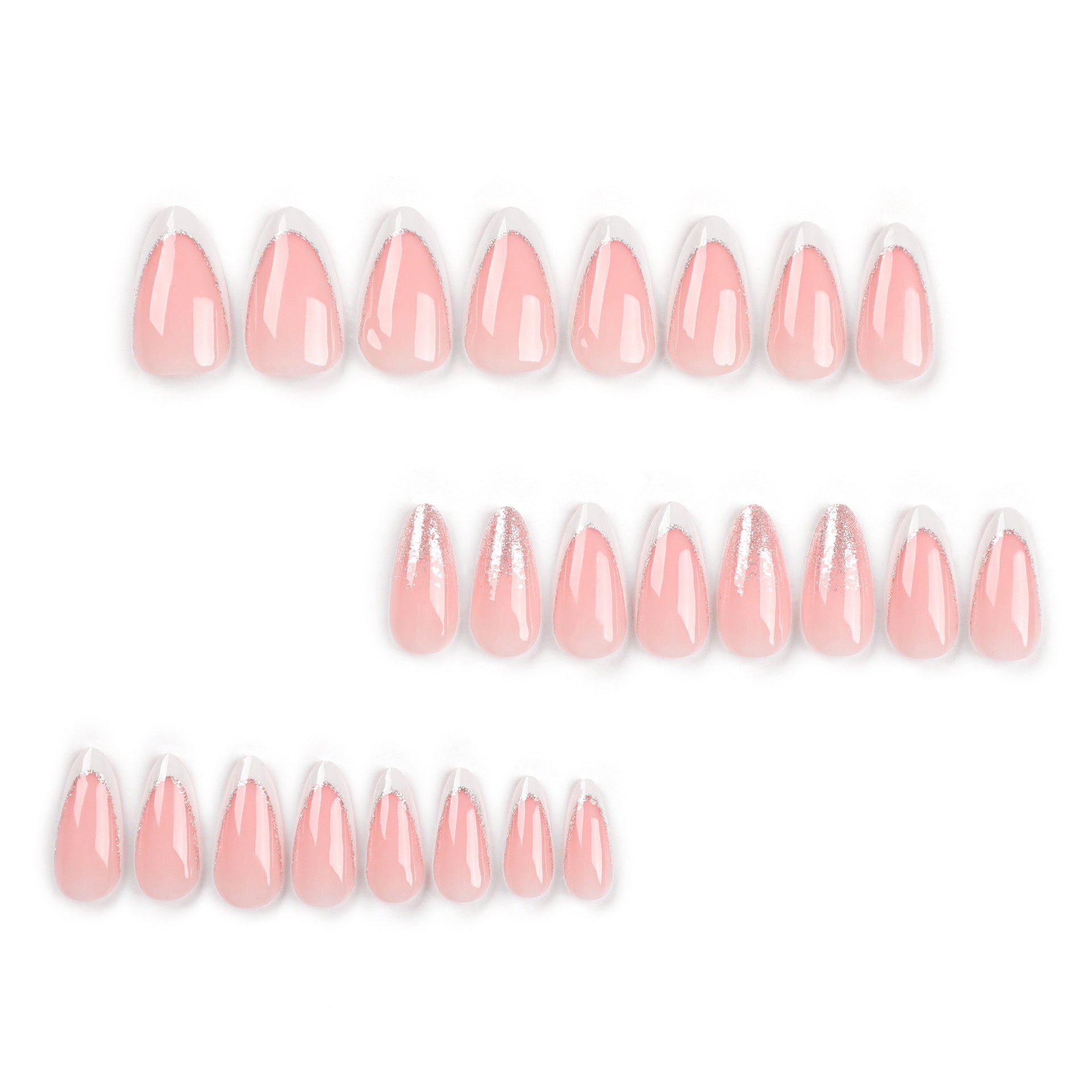 Faux ongles manucure nude avec bord blanc français, paillettes argentées, pièce d'ongle amande courte, vente en gros｜365nails