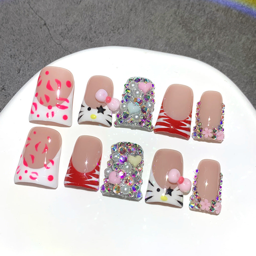 Red Kitty Crystal Cute Press On Nails