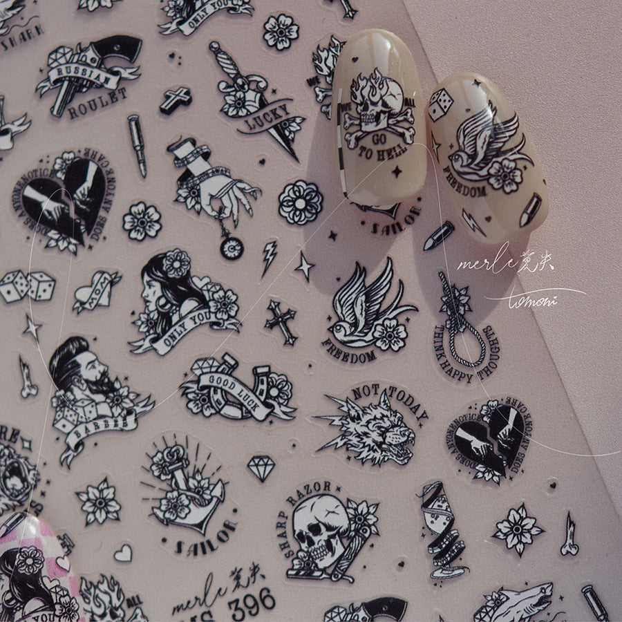 Gothic Skull & Gem Nail Stickers – 5D Embossed Dark Luxury Set