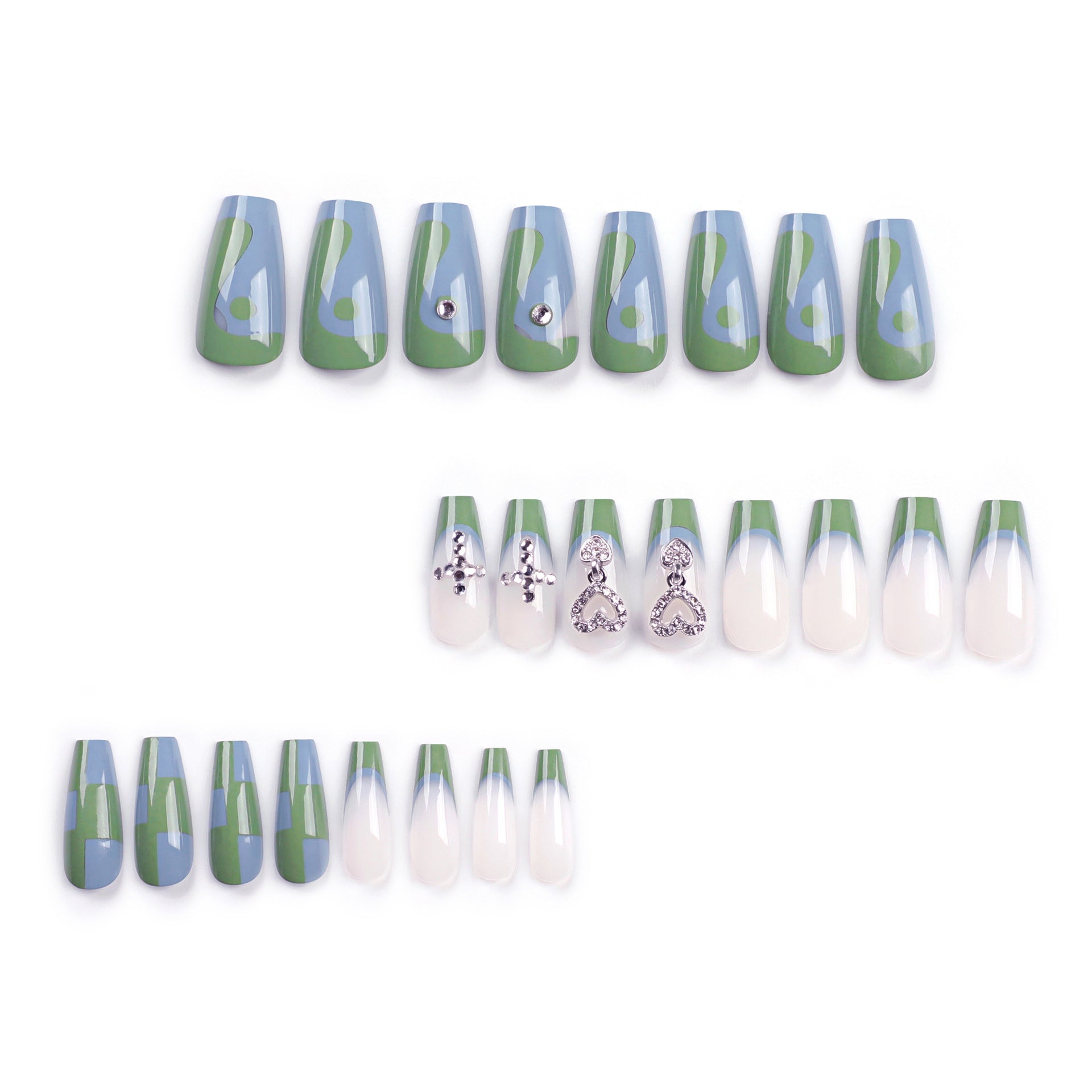 "Mint Heart Charm Coffin" – Color-block & Rhinestone Press-on Nails
