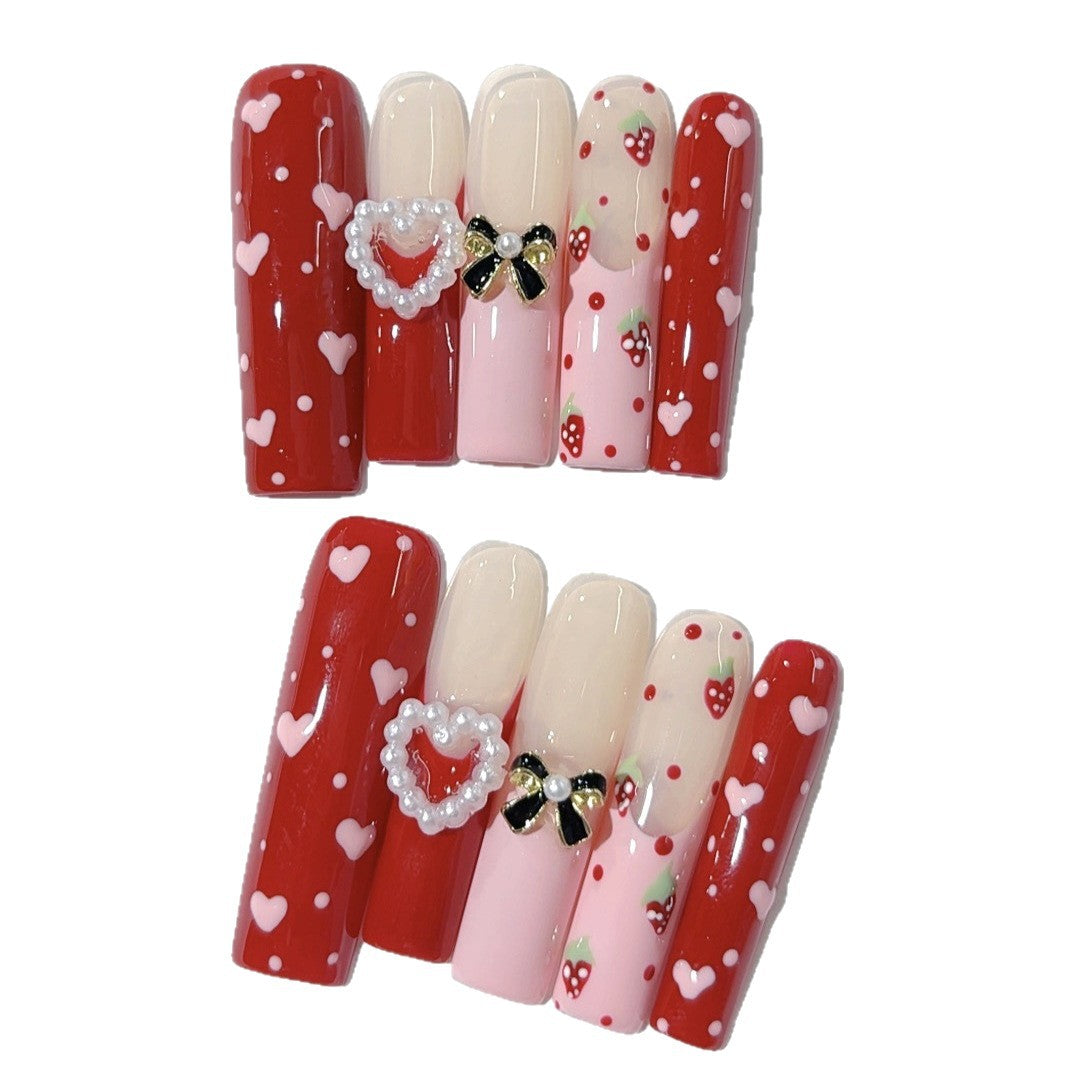 Red Strawberry Heart Sweet Glossy Press On Nails