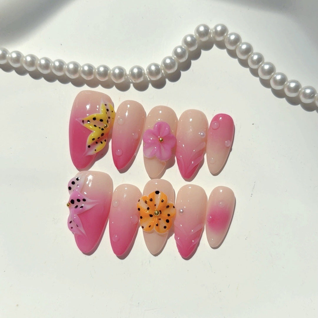 Sweet Tropical: "Pink Butterfly Bloom" – Medium Almond Nude & Pink Gradient Handmade Press-On