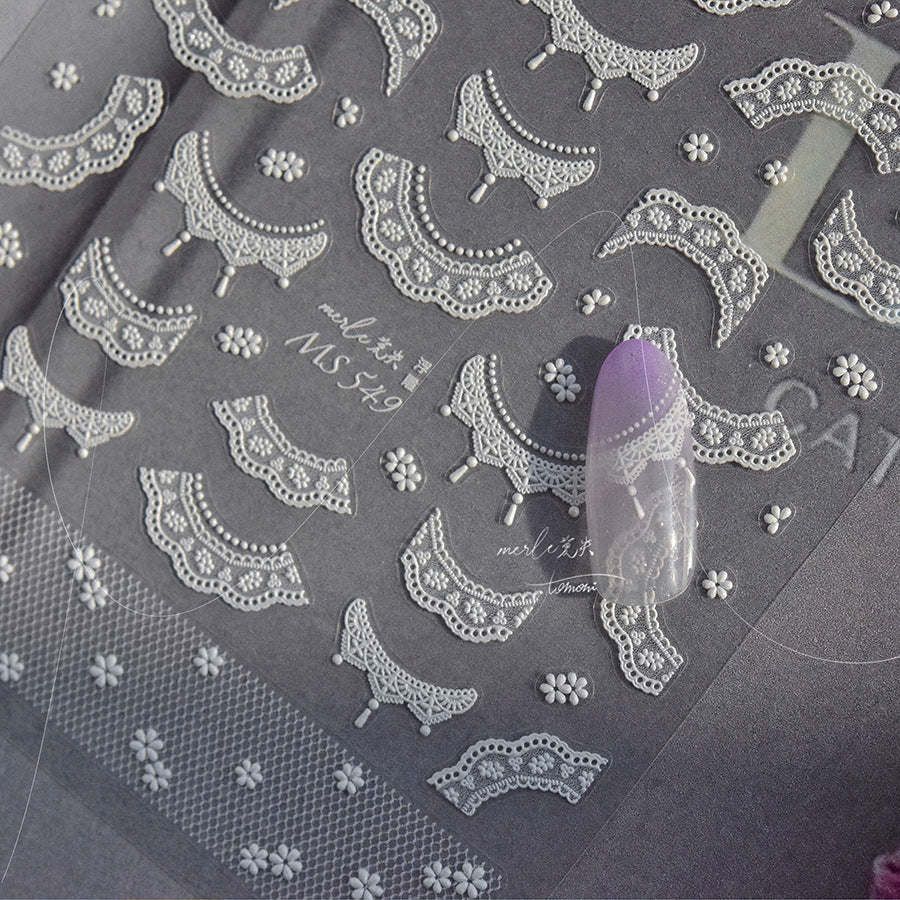 White Lace Collar Nail Stickers – 5D Embossed Vintage Lace Set